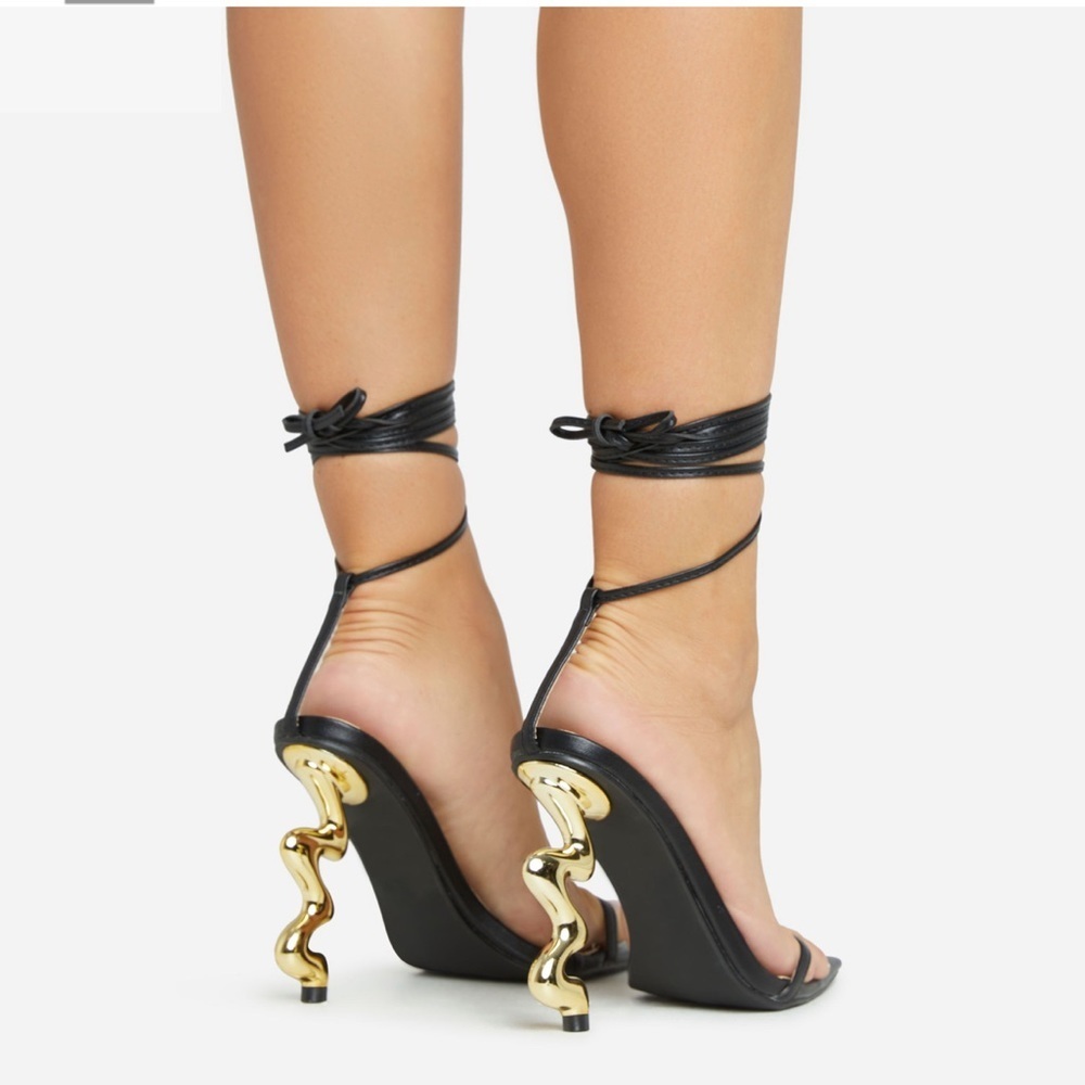 New EGO Black Faux Leather Spiral Gold Heel Sandals Size 8 - Picture 6 of 6